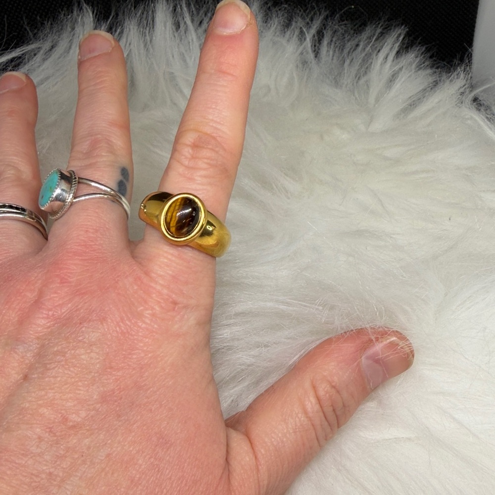 18k Gold P Genuine Tiger’s Eye Men’s Ring - Picture 5 of 5